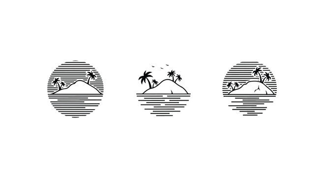 Tropical palm trees and sun sunset in minimalist line art