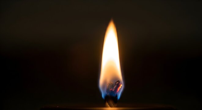 A captivating, minimalist photo-realistic flame with luminous, clean contours, casting a warm, serene glow against a deep, dark backdrop, symbolizing peace and introspection