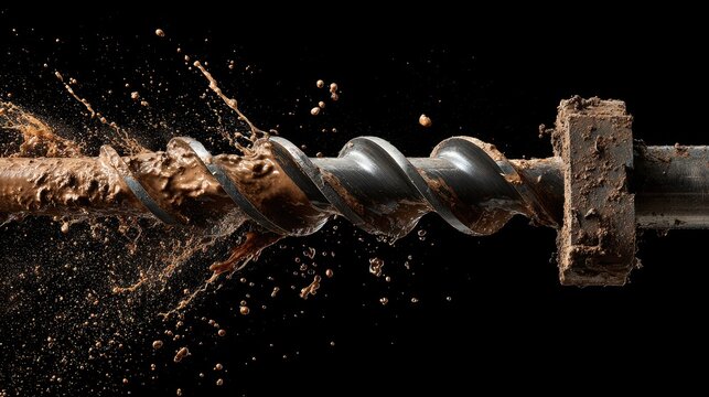 Large auger drill bit drilling into wet earth with mud splashes