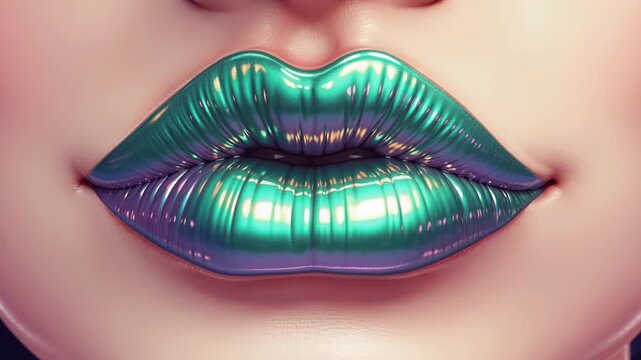 Metallic Lipstick Sensation: A close-up shot of luscious lips adorned with shimmering, metallic teal and purple lipstick, capturing a bold and futuristic beauty statement.