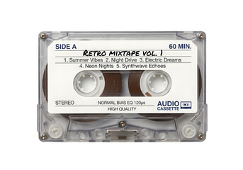 clear cassette tape with white label and black text png on transparent background © ABDERRAHMANEHOUSSAM