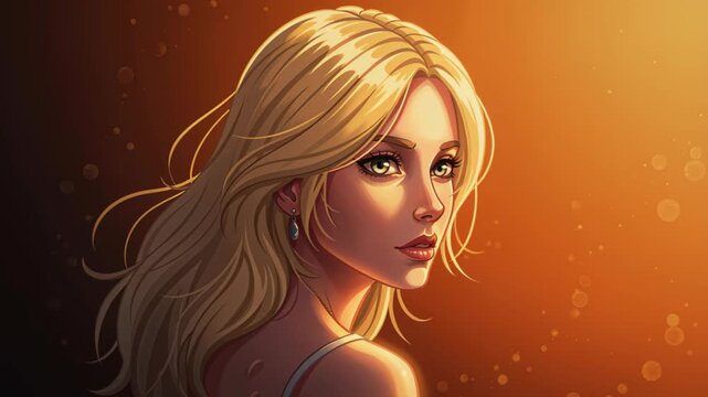 Golden Hour Portrait: A striking young woman with flowing blonde hair, illuminated by the warm, soft glow of golden hour light, gazes alluringly over her shoulder with captivating eyes.
