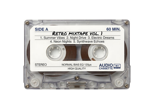 clear cassette tape with white label and black text png on transparent background