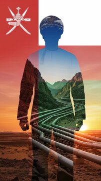 Omani man silhouette with oil pipeline landscape and national flag background for energy industry concept