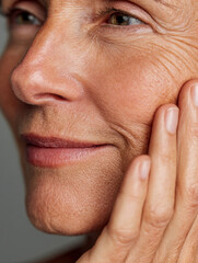 Fototapeta premium Portrait of an older woman gently touching her face with a serene expression, showcasing natural skin texture and fine lines in soft lighting