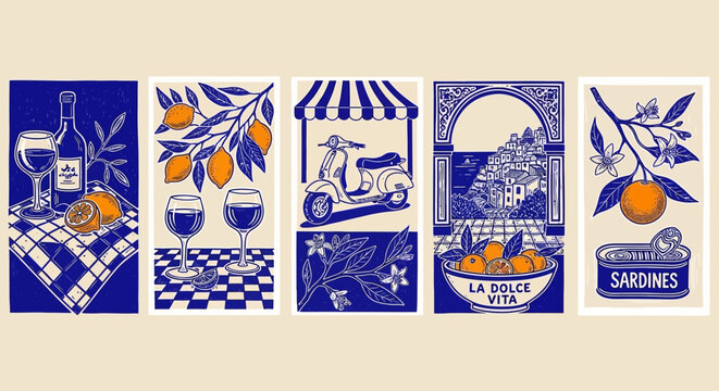 italian lifestyle illustrations depicting mediterranean food drinks and scenic travel vignettes perfect for european summer vacation themes.