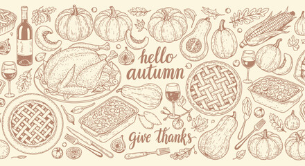 Naklejka premium thanksgiving harvest and autumn food pattern featuring hand drawn pumpkins turkey and pies ideal for fall celebration designs.