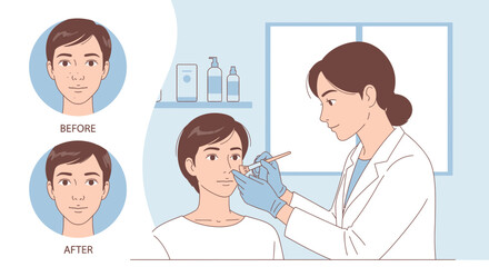 Fototapeta premium Man getting facial filler injection, before and after aesthetic procedure illustration