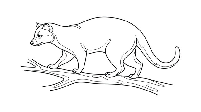 Line Art Drawing of a Civet Cat Walking on a Tree Branch