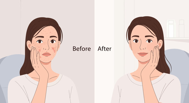 Skin before and after treatment, woman with clear and problematic skin, skincare graphic
