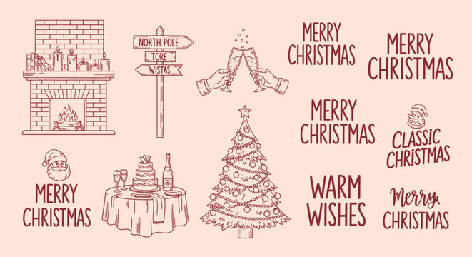 christmas and holiday season vector line art illustrations featuring festive greetings decor and celebration elements.