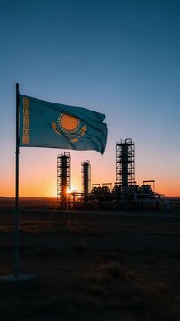 Kazakhstan Flag Waving at Oil Refinery Industrial Facility at Sunset Representing Energy Sector and Economic Growth