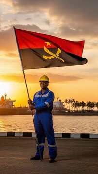 Young Black Male Industrial Worker Holding Angolan Flag at Port Harbor During Sunset for National Pride Concept