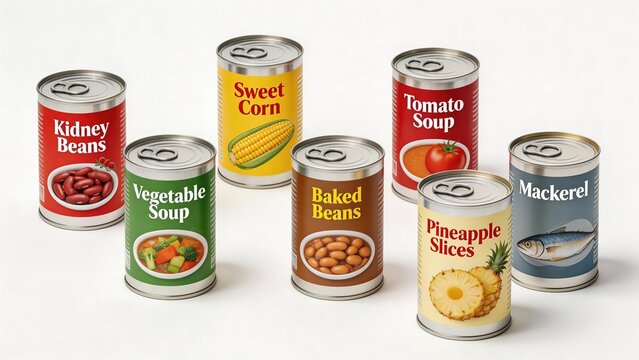Canned food products on white background