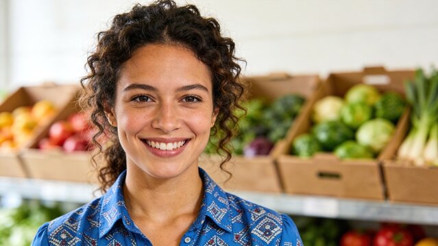 Woman smiling in front of vegetable display