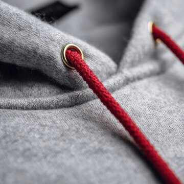 Detailed view of gray fabric hoodie with vibrant red drawstring threaded through brass eyelets highlighting soft texture and stitching craftsmanship