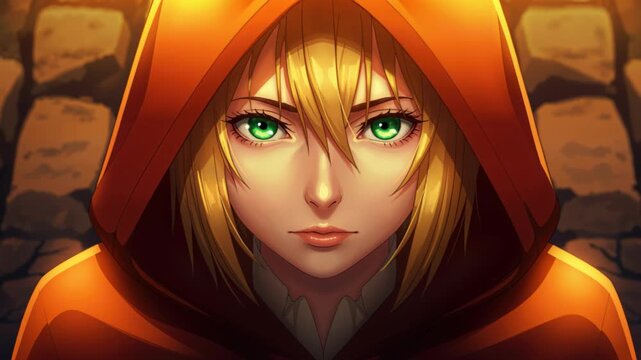 Mysterious Hooded Girl with Emerald Eyes: A striking young woman with vibrant emerald green eyes and blonde hair, concealed within a warm red hooded cloak, gazes intently forward.