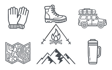 Fototapeta premium Set of outdoor adventure icons, including gloves, boots, a car, map, campfire, mountains, and a thermos.