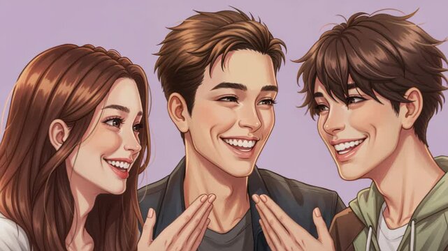 Friendship and Laughter: Three smiling friends, two women and a man, share a joyful moment, their faces lit with laughter and connection.