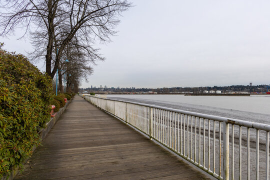 Riverside Boardwalk Promenade With Bare Trees And Distant City Skyline In New Westminster