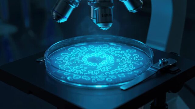 Microscopic Marvel: A Petri dish reveals a glowing, intricate pattern of microbial colonies under the intense focus of a microscope, hinting at scientific discovery and the unseen world.