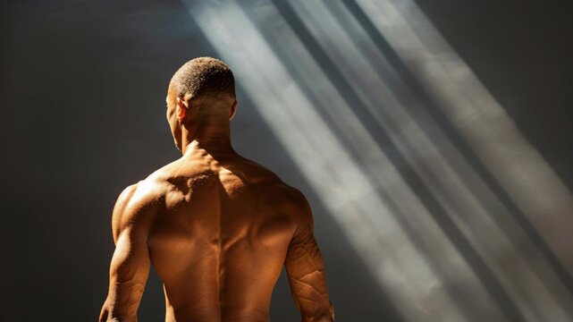 Warrior's Back: A powerful, muscular man stands in dramatic light, his back turned to the viewer, showcasing a sculpted physique and inner strength.