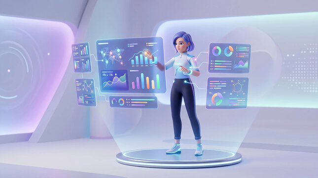 Futuristic 3D businesswoman standing beside holographic analytics dashboards with data charts