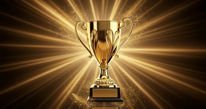 Golden Trophy With Radiant Rays and Sparkle Effects, Cinematic Motion Graphics Loop, Representing Achievement, Victory, Success, and Excellence