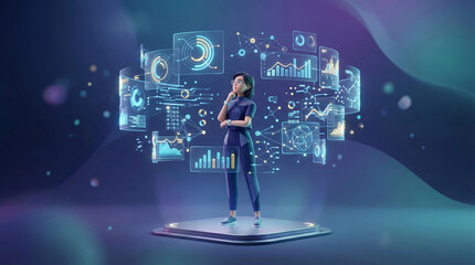 Obraz premium Woman in futuristic office analyzing holographic data, AI analytics and cybersecurity concepts
