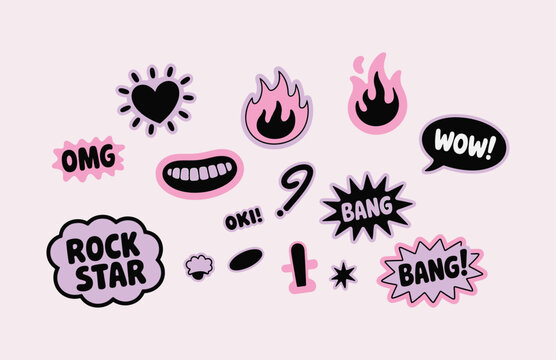 Cute comic speech bubble sticker collection with trendy doodle icons, colorful pop art elements for social media branding