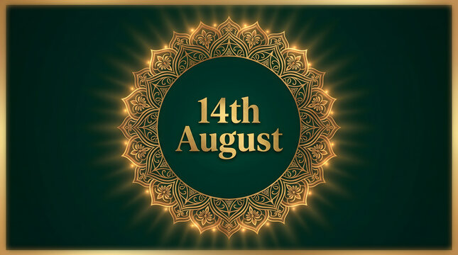 14th august mandala frame with golden glow on dark green celebration background