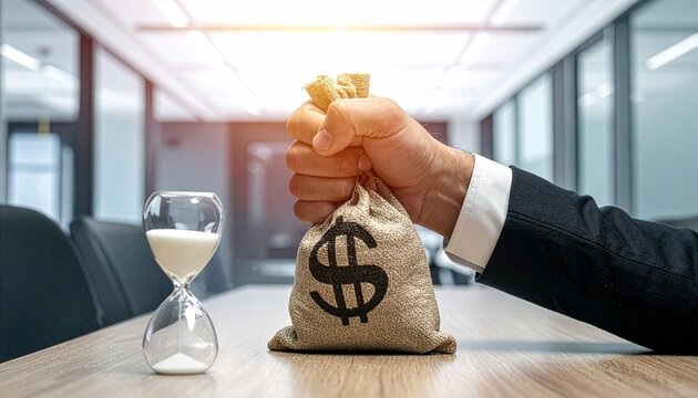 A businessman's hand clenches a burlap money bag with a dollar sign, beside an hourglass on a wooden table in a modern office, symbolizing the urgency and value of time in financial endeavors.