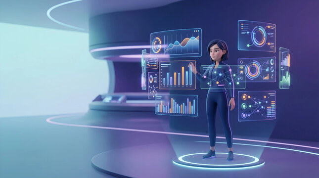 Futuristic woman analyzing business data on holographic screens in digital innovation concept