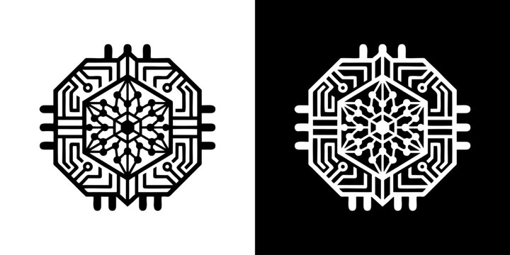 Geometric digital snowflake emblem with circuit board elements on black and white backgrounds