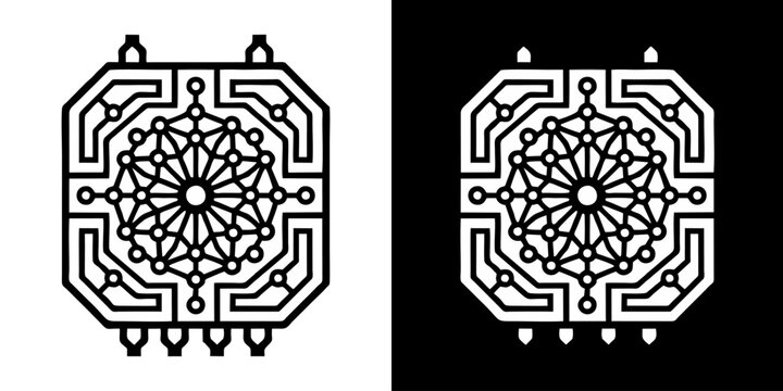 Abstract geometric mandala-like design with circular patterns and connecting lines on black and white backgrounds, symbolizing structure and complexity