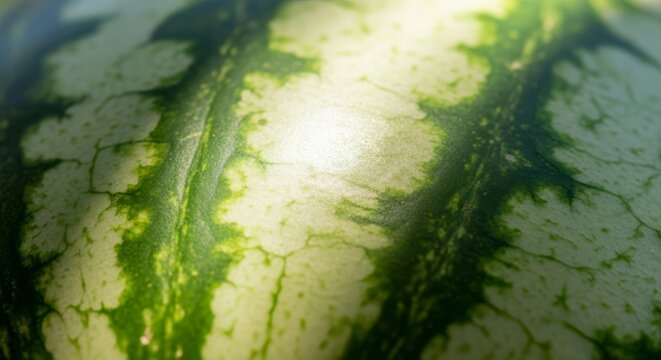 Extreme macro shot of a watermelon rind showing the detailed green and white stripes, organic patterns, and smooth skin texture in sunlight, texture, nature, striped