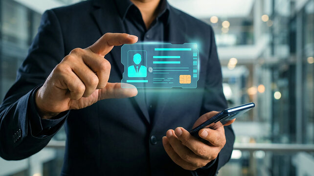 Businessman Holding Futuristic Holographic Digital ID Card Above Smartphone, High-Tech Security Concept