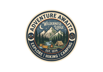 Fototapeta premium Wilderness lodge badge logo blue brown green png on transparent background