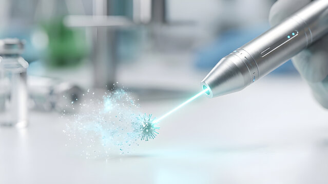 High speed realistic photo of a lab laser tool zapping a virus particle into sparkling harmless light dust.