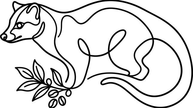 Continuous Line Drawing of Civet Cat with Coffee Branch and Beans
