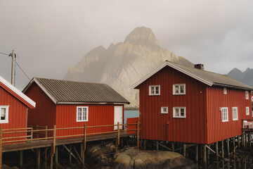 Traditional red wooden rorbu cabins on stilts in a fishing village under a misty mountain peak, Lofoten, Norway © deladalah
