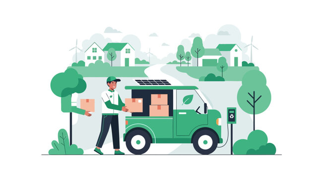 Eco-Friendly Delivery Service with Electric Vehicle and Courier in Green Landscape