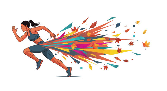 Dynamic vector illustration of a female athlete sprinting with colorful autumn leaves