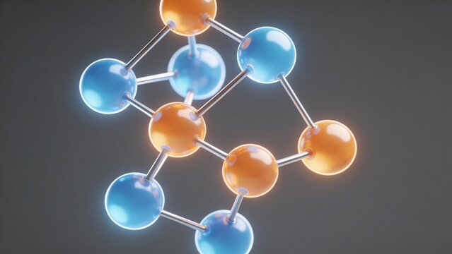 Molecular structure with blue and orange spheres