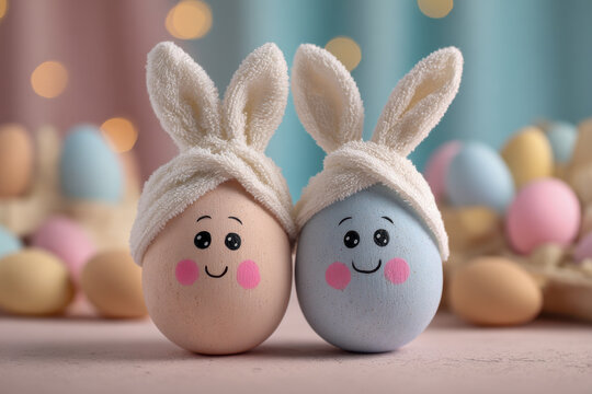 Two pastel-colored eggs decorated with cute smiling faces and bunny ears towels surrounded by softly blurred Easter eggs and warm bokeh lights