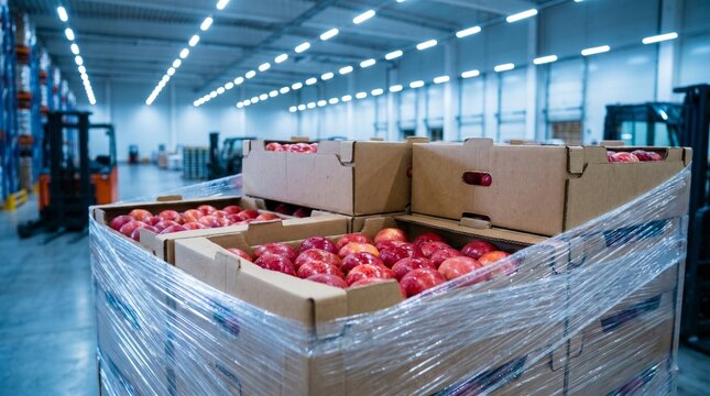 Stacked cardboard boxes filled with fresh red apples wrapped in stretch film on a pallet inside a modern food distribution warehouse