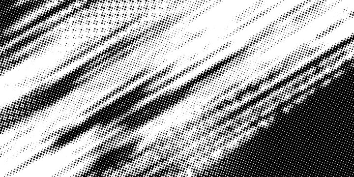 Abstract black and white grunge halftone background with dynamic diagonal brush strokes. Vector illustration