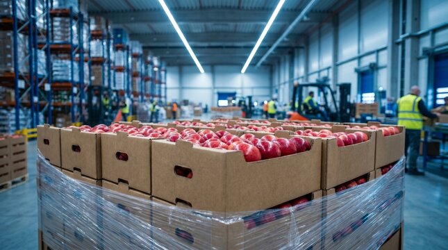 Palette de cartons remplis de pommes rouges fra&icirc;ches envelopp&eacute;e de film &eacute;tirable dans un entrep&ocirc;t de distribution logistique moderne