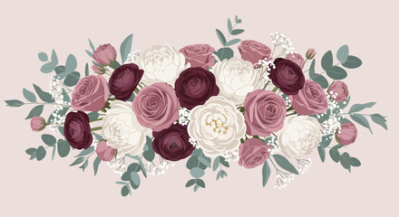 Fototapeta premium floral arrangement wedding flowers rose peony and eucalyptus romantic bouquet on a soft light background for elegant designs.