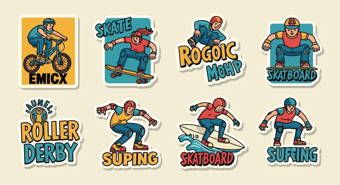 extreme sports action sticker illustration featuring youth enjoying skateboarding surfing roller derby and bmx activities.
